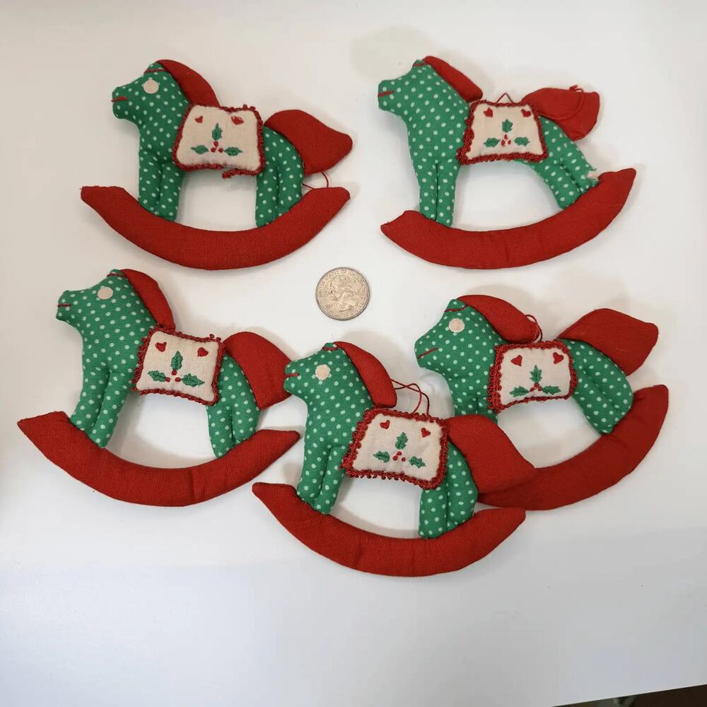 Vtg Rocking Horse Xmas Tree Ornaments 5 Fabric Red Green Polka Dot‎